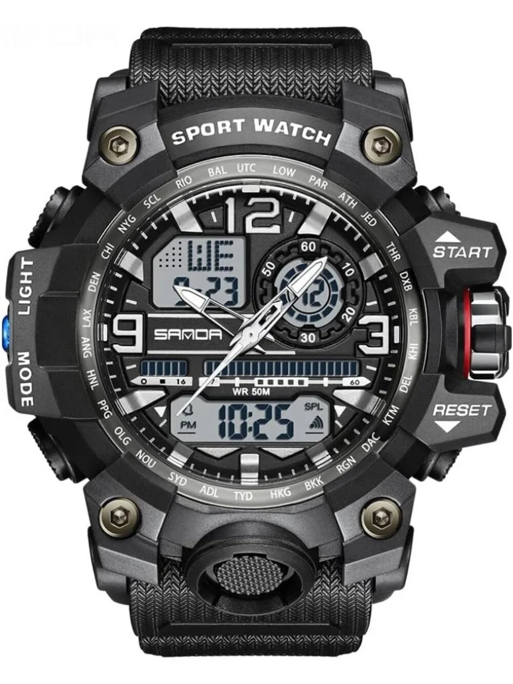 Men's Black White Analog Quartz Sport Waterproof Military Tactical Digital Watch